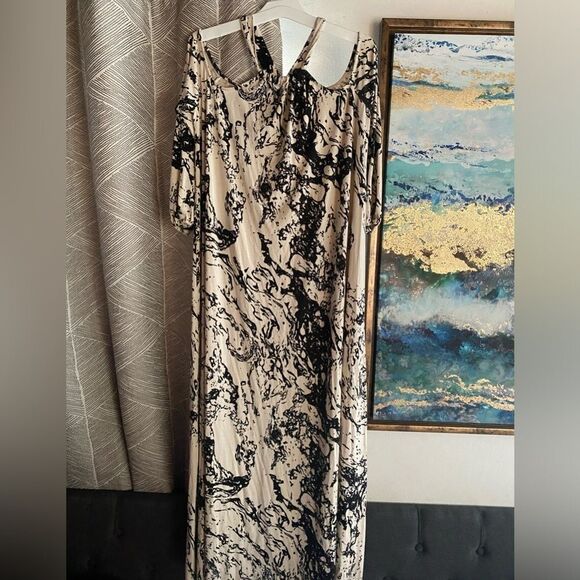 Rachel Pally Maxi Dress  Beige/Black Sz S Abstract Cold Shoulder Calf Length - Picture 2 of 11